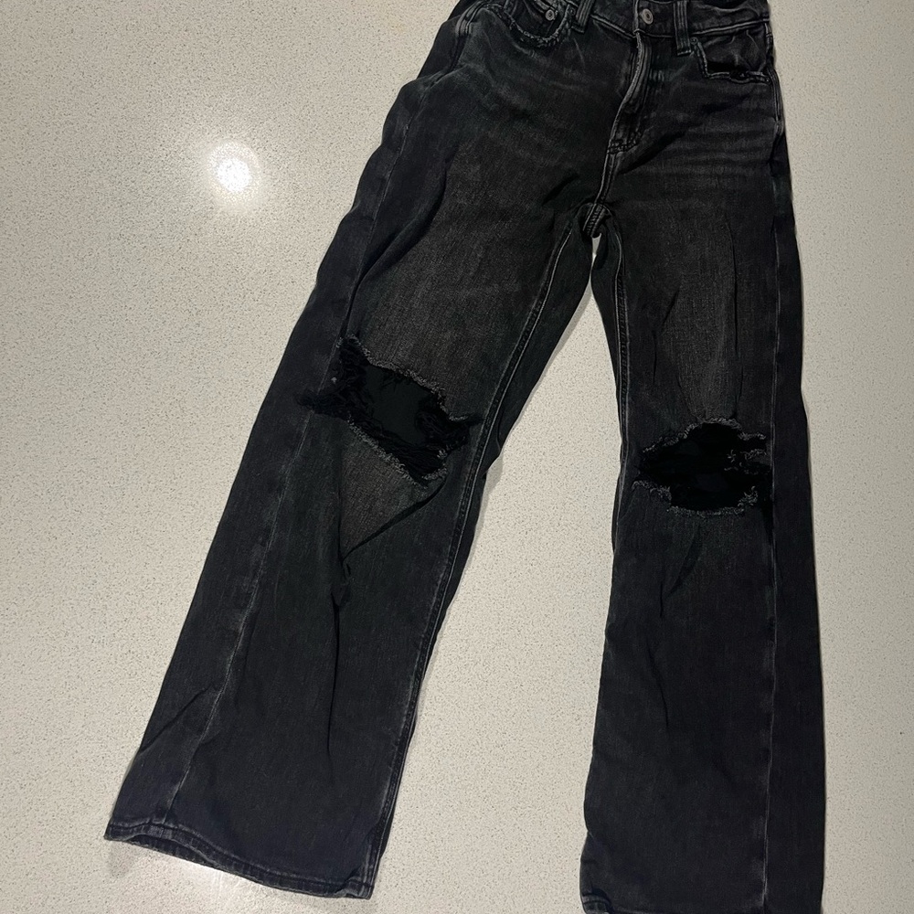 Black Distressed Wide-Leg Jeans